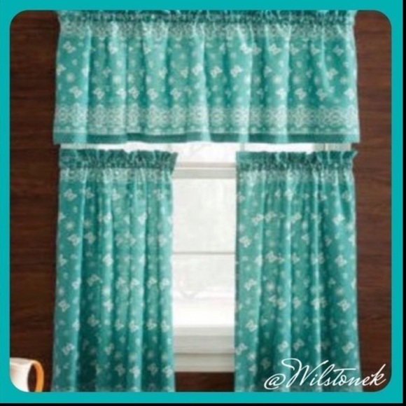 Rare The Pioneer Woman Teal Bandana Butterfly Curtains and valance set 30 X 60 - Picture 1 of 4